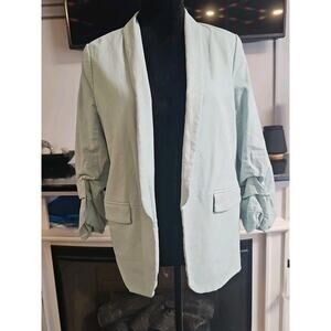 New York & Company Blazer Womens Medium Linen Blend Open Front Light Blue